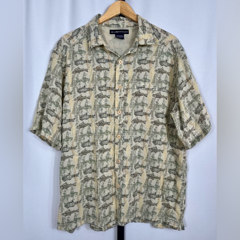 Exofficio Men's Button Down Fish Patterned Short Sleeve Shirt Nylon Size Large